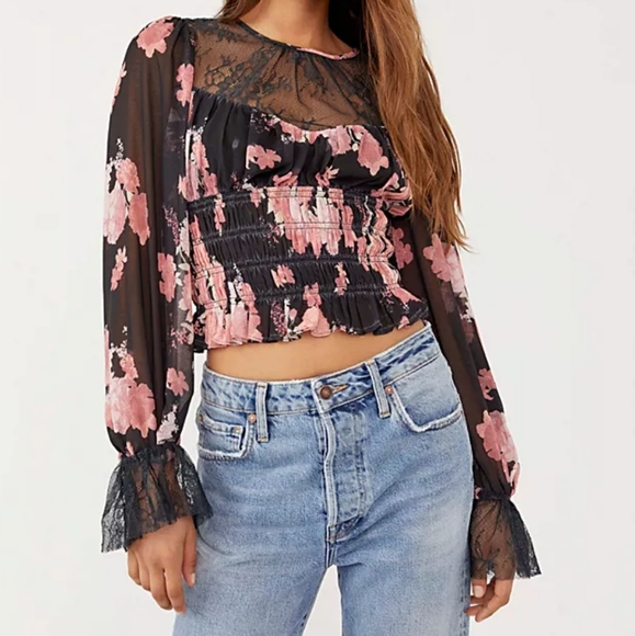 XS Free People Daphne Floral Blouse in Midnight Combo - Picture 1 of 6